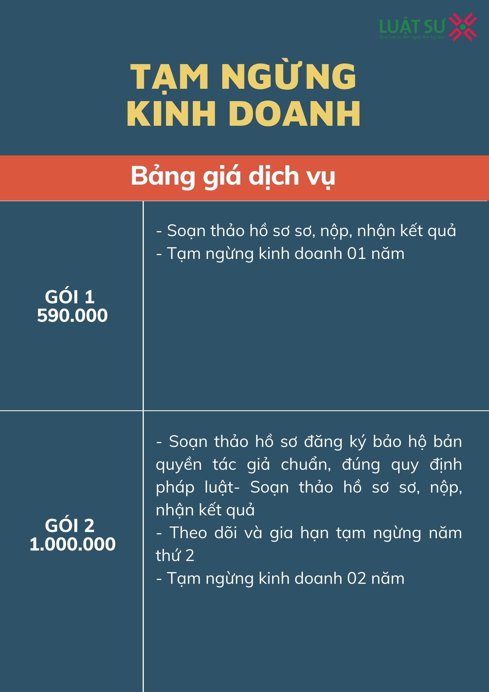 Bảng giá dịch vụ tạm dừng kinh doanh của Luật sư 247